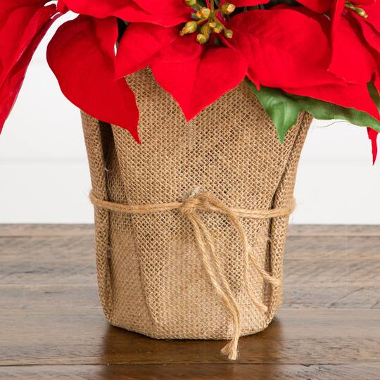Nearly Natural 13" Red Artificial Velvet Poinsettia in Burlap Planter